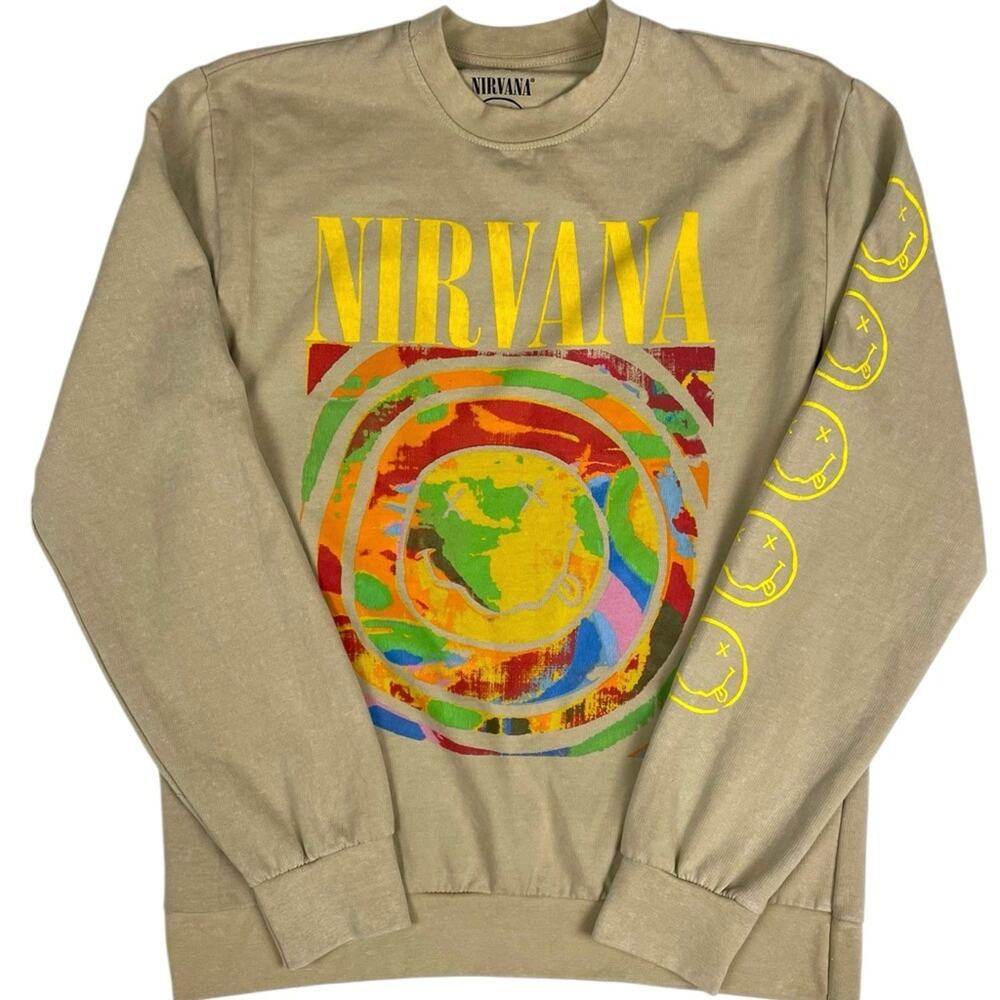Unisex Nirvana Crewneck Sweatshirt M Beige - Tie-Dye Smiley - Kurt Cobain - Picture 1 of 4